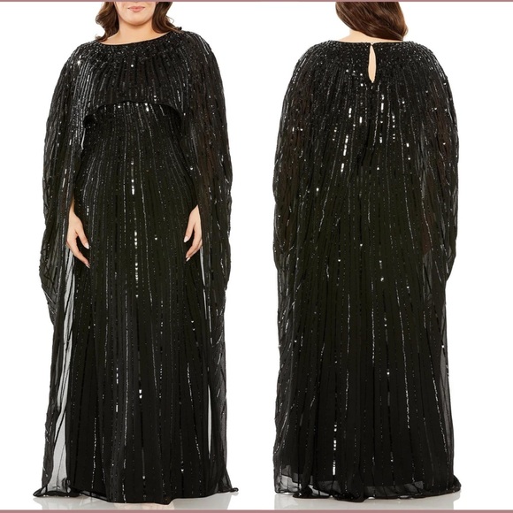 MacDuggal Black Embellished Beaded Column Cape Gown size 18 - Picture 3 of 15